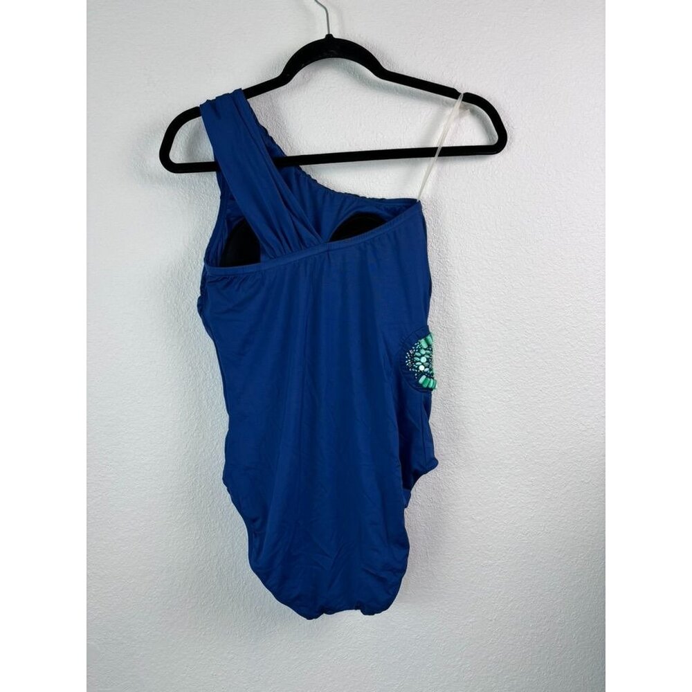 Badgley Mischka women's 8 blue Valentina one shoulder‎ one piece swim suit - Picture 4 of 10
